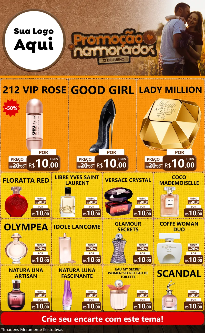 Modelo de Encarte para Encarte Grande com o tema Promoção Namorados para Perfumes