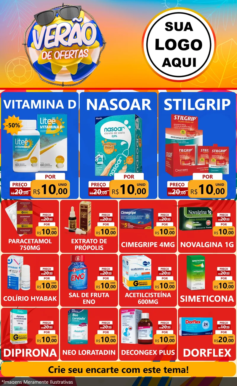 Modelo de Encarte para Encarte Grande com o tema Verão de Ofertas para Farmácia