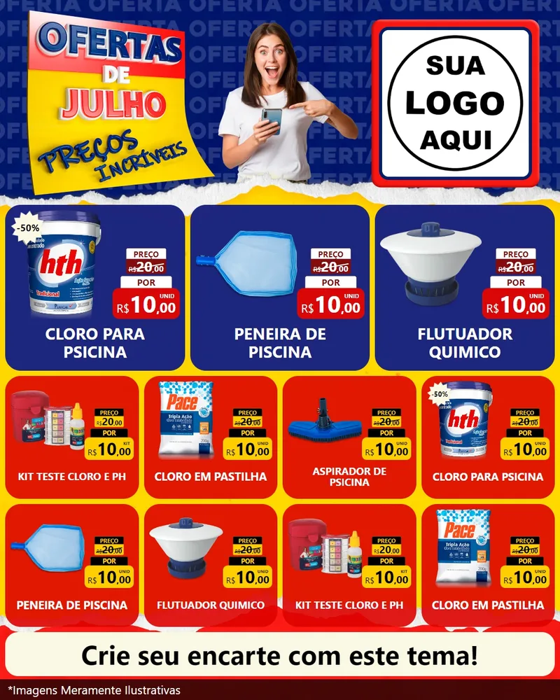 Modelo de Rede Social para Feed Instagram com o tema Ofertas de Julho - Preços Incríveis para Produtos para Piscina