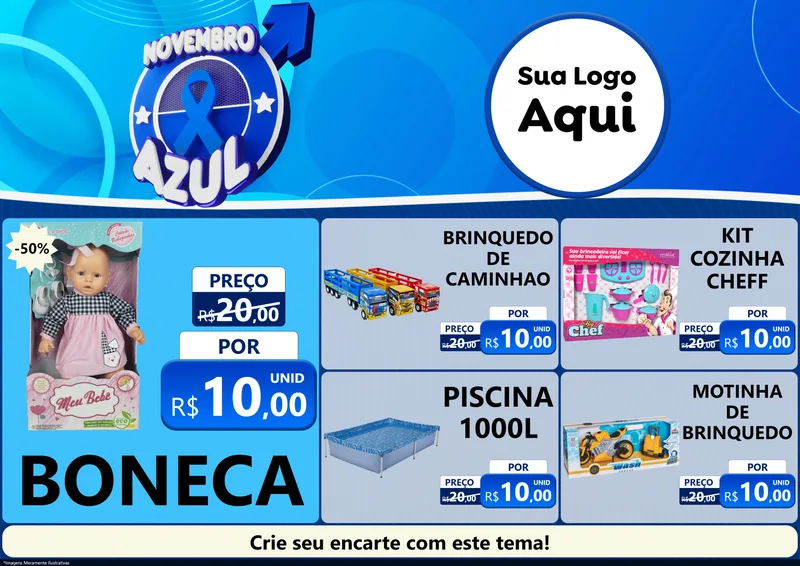 Modelo de Encarte para Encarte A4 Horizontal com o tema Novembro Azul para Brinquedos
