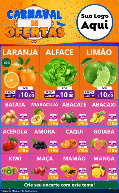 Modelo de Encarte para Encarte Grande com o tema Carnaval de Ofertas para Hortifrúti