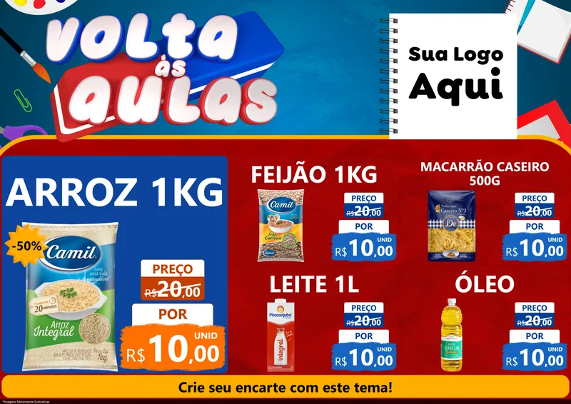 Modelo de Encarte para Encarte A4 Horizontal com o tema Volta Às Aulas para Supermercado
