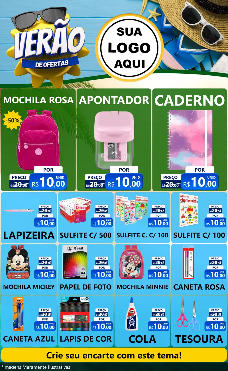 Modelo de Encarte para Encarte Grande com o tema Verão de Ofertas para Papelaria