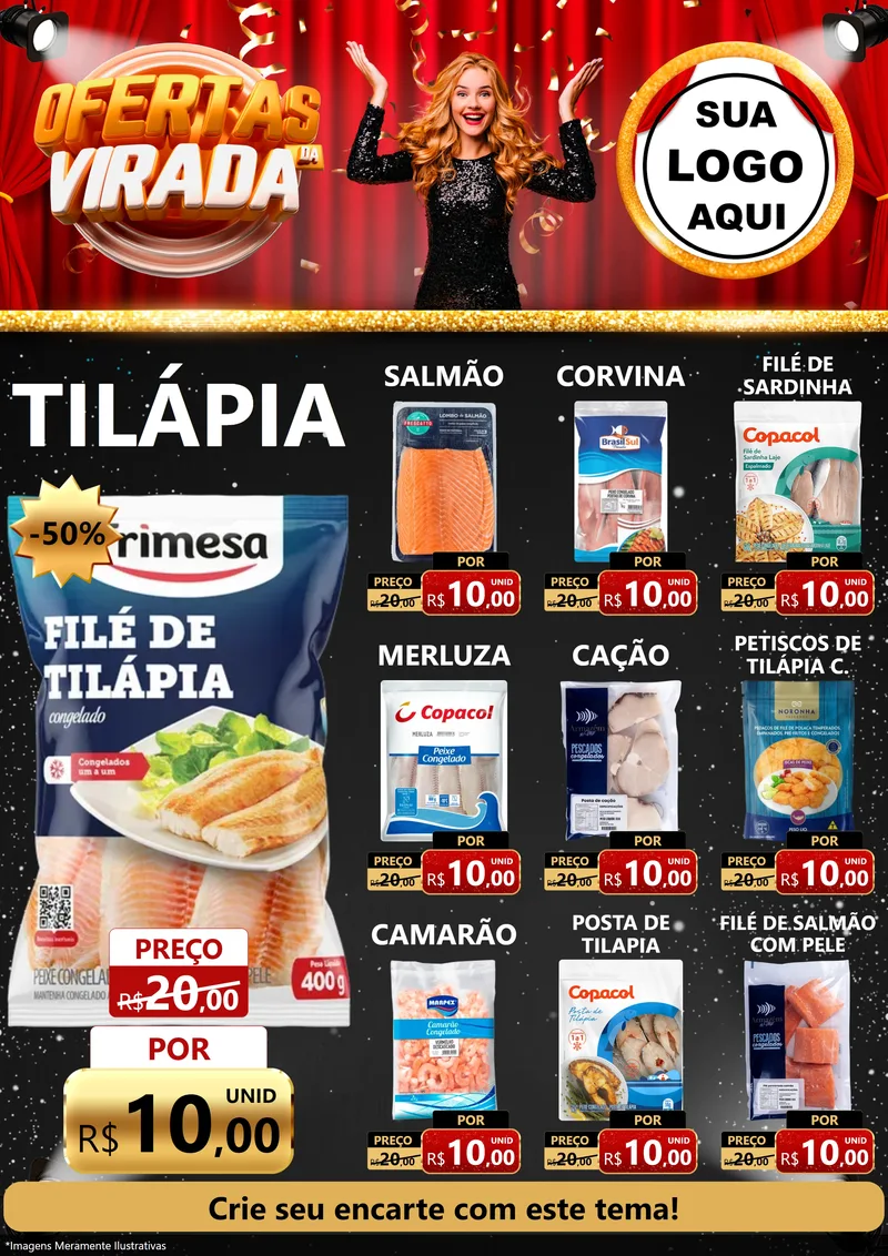 Modelo de Encarte para Encarte A4 Vertical com o tema Ofertas da Virada para Peixaria
