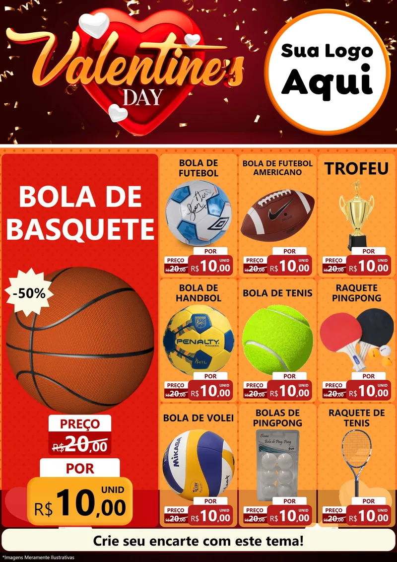 Modelo de Encarte para Encarte A4 Vertical com o tema Valentine's Day para Artigos Esportivos