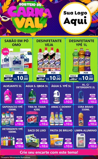 Modelo de Encarte para Encarte Grande com o tema Sorteio de Carnaval para Produtos de Limpeza