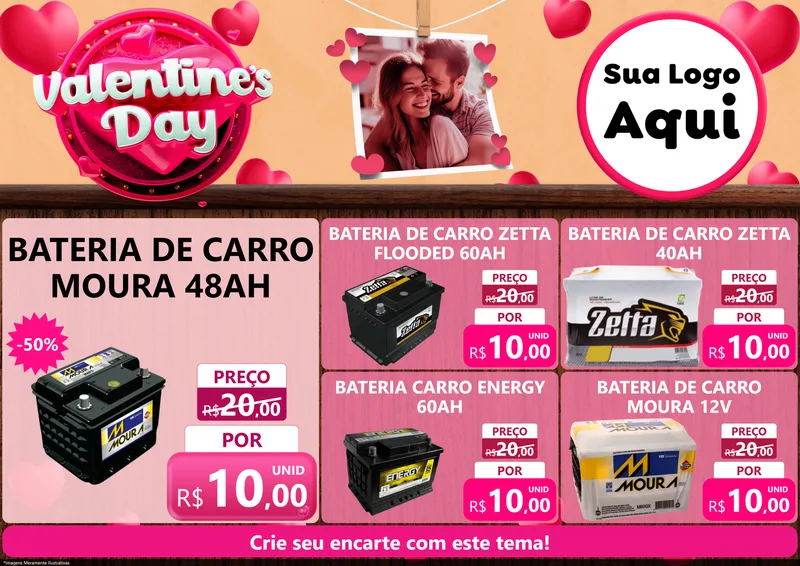 Modelo de Encarte para Encarte A4 Horizontal com o tema Valentine's Day para Baterias Elétricas