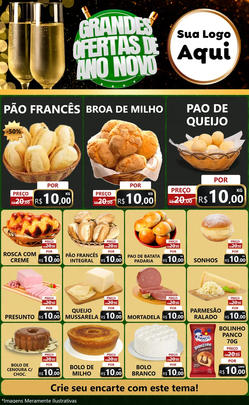 Modelo de Encarte para Encarte Grande com o tema Grandes Ofertas de Ano Novo para Padaria