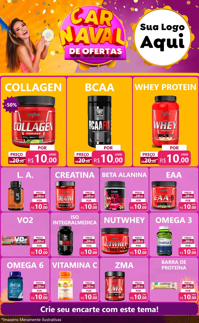 Modelo de Encarte para Encarte Grande com o tema Carnaval de Ofertas para Suplementos alimentares