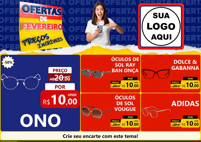 Modelo de Encarte para Encarte A4 Horizontal com o tema Ofertas de Fevereiro - Preços Incríveis para Óticas