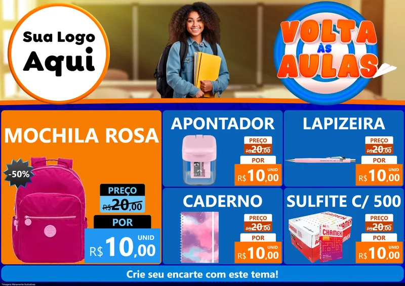 Modelo de Encarte para Encarte A4 Horizontal com o tema Volta Às Aulas para Papelaria