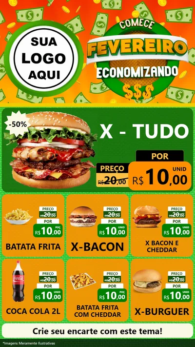 Modelo de Rede Social para Stories com o tema Comece Fevereiro Economizando para Hamburgueria