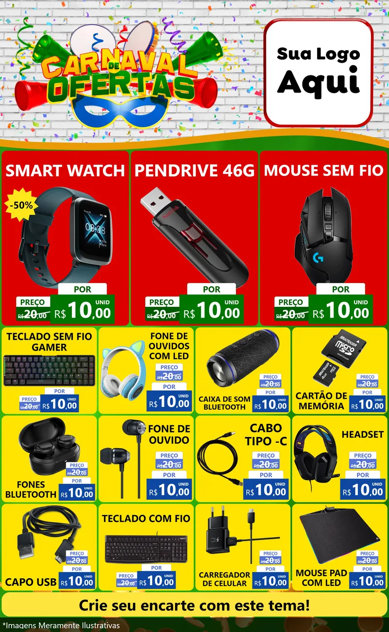 Modelo de Encarte para Encarte Grande com o tema Carnaval de Ofertas para Informática