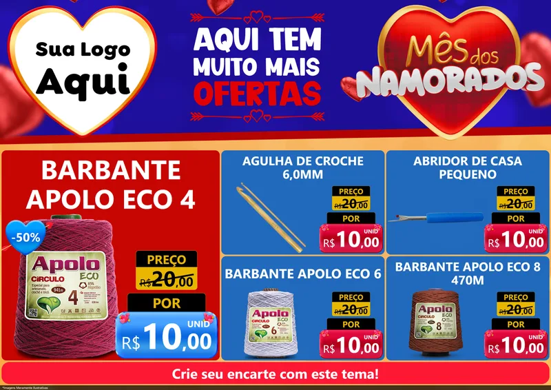 Modelo de Encarte para Encarte A4 Horizontal com o tema Mês dos Namorados para Armarinho e Aviamentos