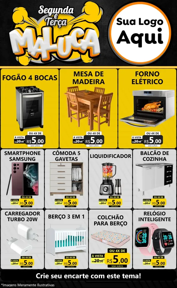 Modelo de Encarte para Encarte Grande com o tema Segunda e Terça Maluca para Móveis e Eletro