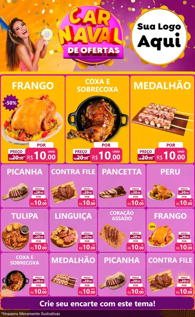 Modelo de Encarte para Encarte Grande com o tema Carnaval de Ofertas para Assados