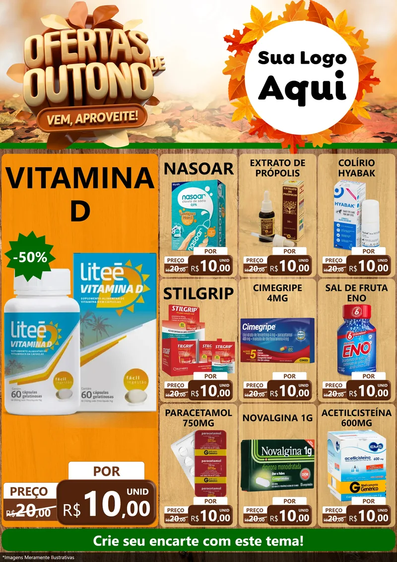 Modelo de Encarte para Encarte A4 Vertical com o tema Ofertas de Outono - Vem, Aproveite! para Farmácia