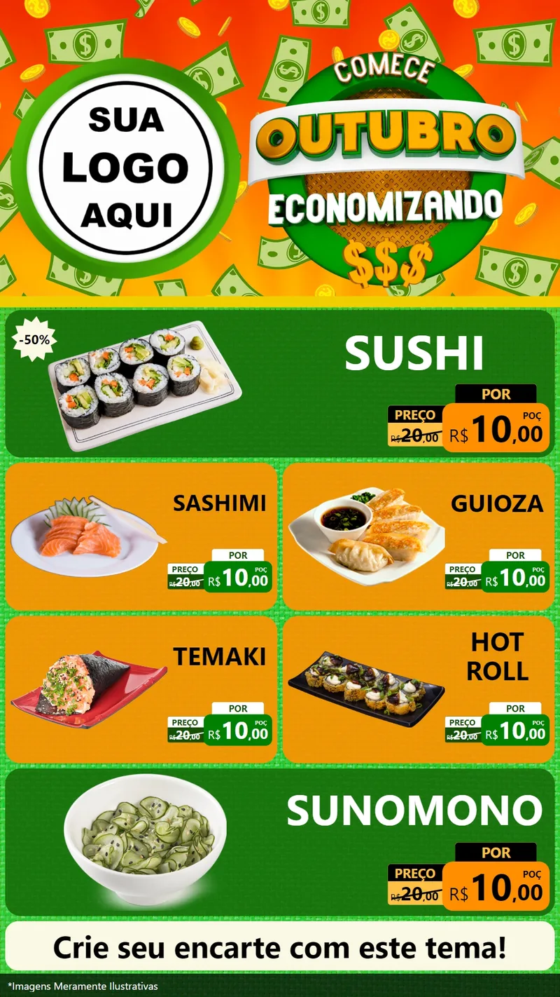 Modelo de TV para TV Vertical com o tema Comece Outubro Economizando para Comida japonesa