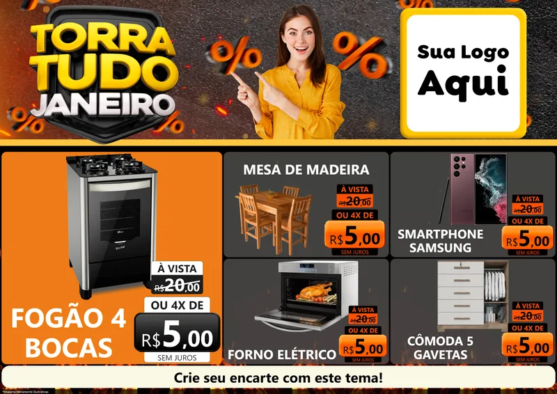 Modelo de Encarte para Encarte A4 Horizontal com o tema Torra Tudo Janeiro para Móveis e Eletro