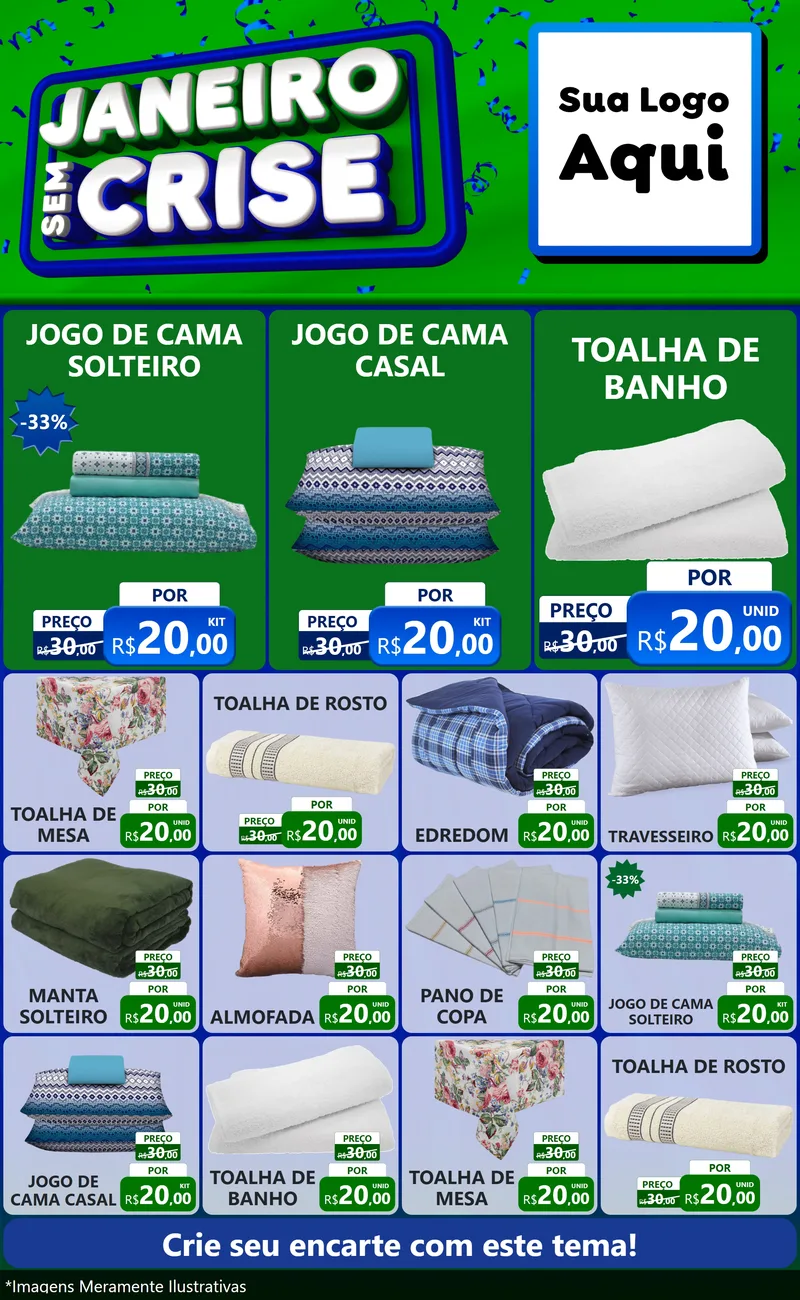 Modelo de Encarte para Encarte Grande com o tema Janeiro Sem Crise para Cama, Mesa e Banho