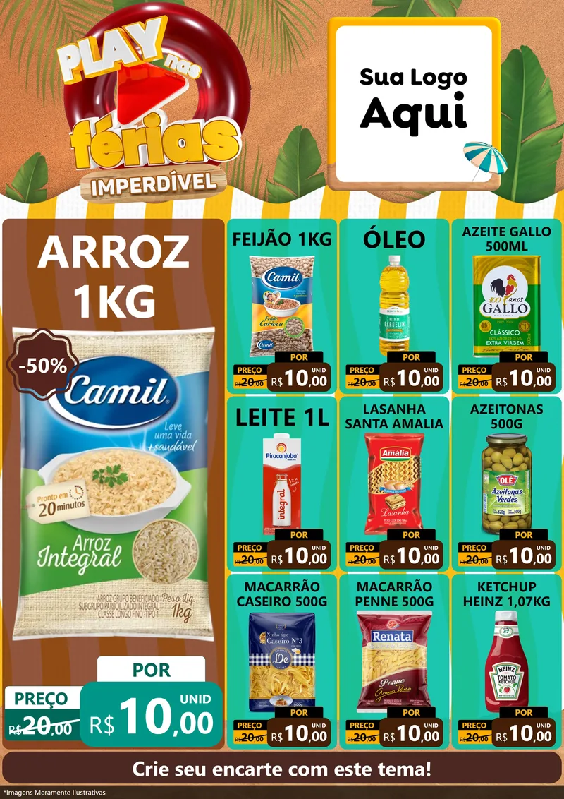 Modelo de Encarte para Encarte A4 Vertical com o tema Play Nas Férias Imperdível para Supermercado