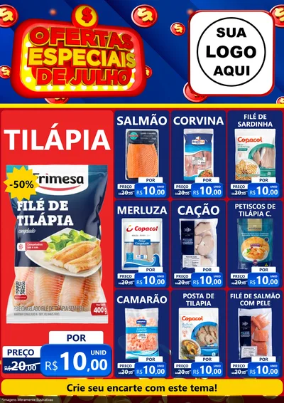 Modelo de Encarte para Encarte A4 Vertical com o tema Ofertas Especiais de Julho para Peixaria