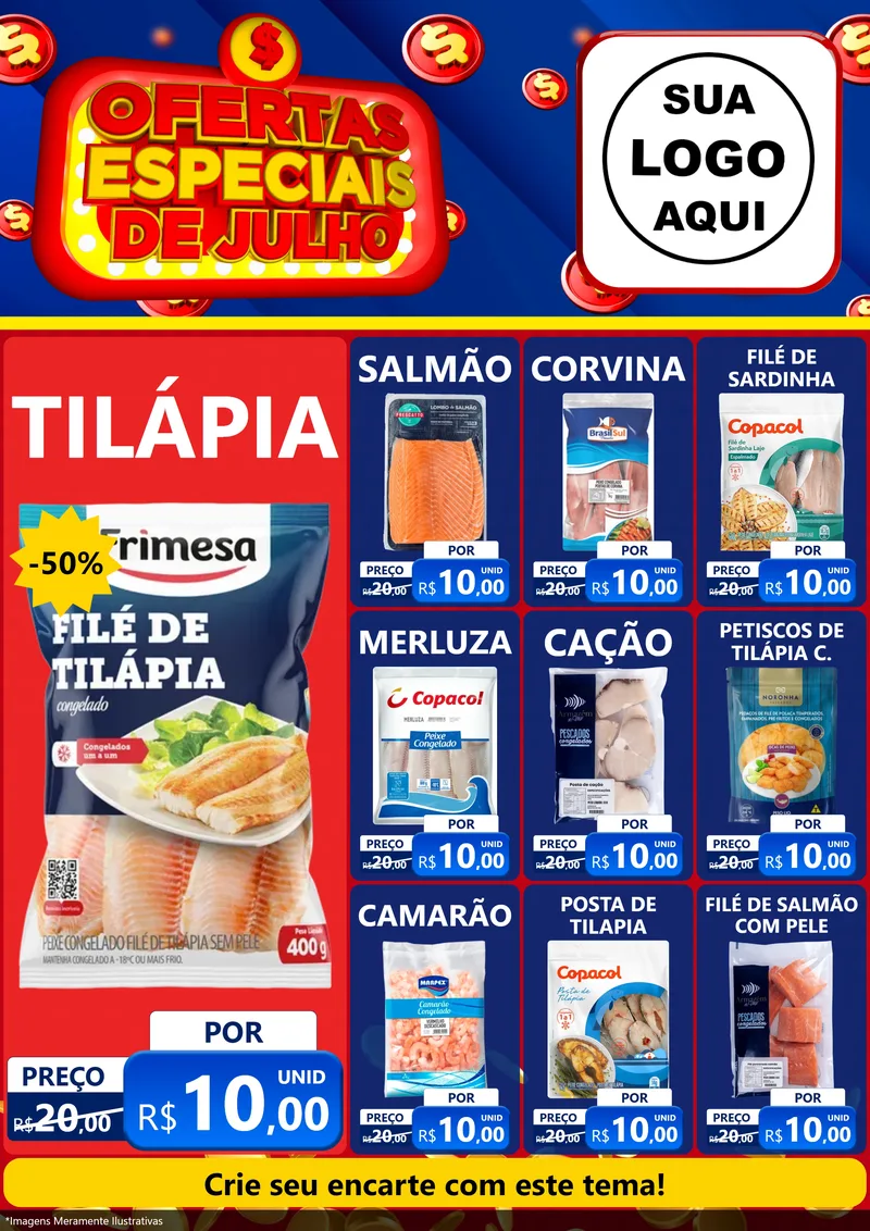 Modelo de Encarte para Encarte A4 Vertical com o tema Ofertas Especiais de Julho para Peixaria
