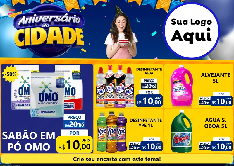 Modelo de Encarte para Encarte A4 Horizontal com o tema Aniversário da Cidade para Produtos de Limpeza