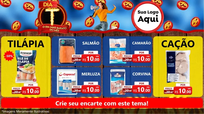 Modelo de TV para TV Horizontal com o tema Dia T - O Dia Mais Barato Do Mês para Peixaria