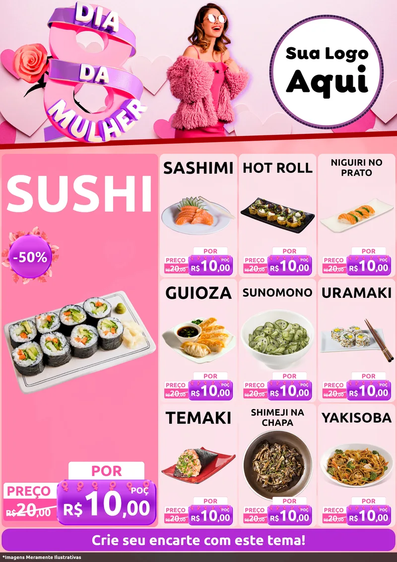 Modelo de Encarte para Encarte A4 Vertical com o tema Dia da Mulher para Comida japonesa