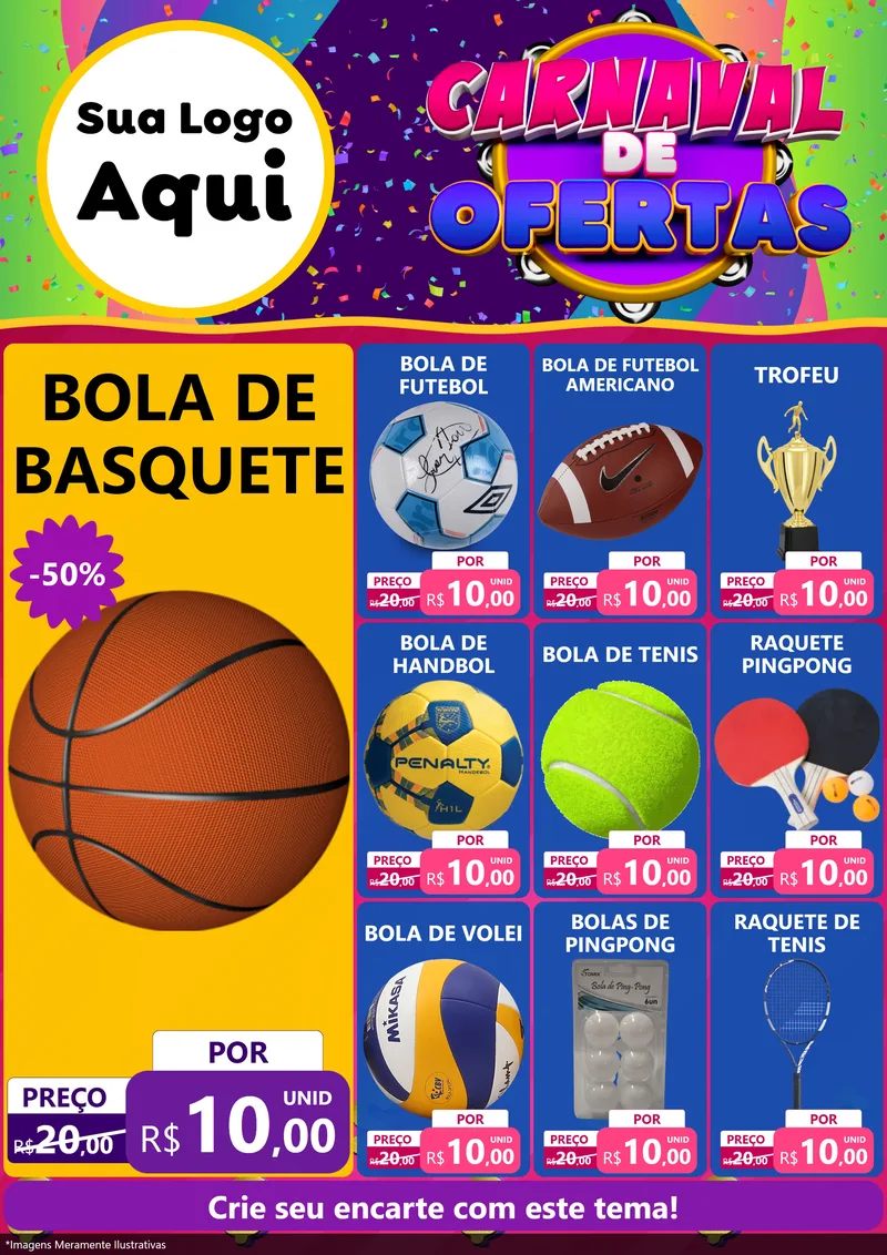 Modelo de Encarte para Encarte A4 Vertical com o tema Carnaval de Ofertas para Artigos Esportivos