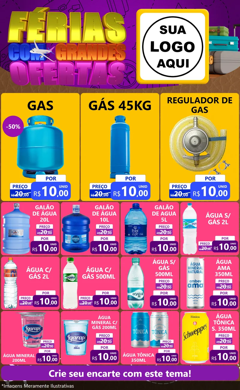 Modelo de Encarte para Encarte Grande com o tema Férias com Grandes Ofertas para Água e gás
