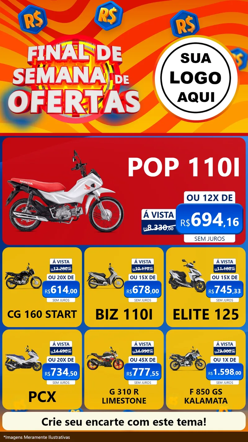 Modelo de Rede Social para Stories com o tema Final de Semana de Ofertas para Concessionaria de Motos