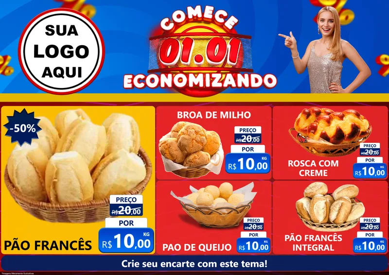 Modelo de Encarte para Encarte A4 Horizontal com o tema Comece 1º de Janeiro Economizando para Padaria