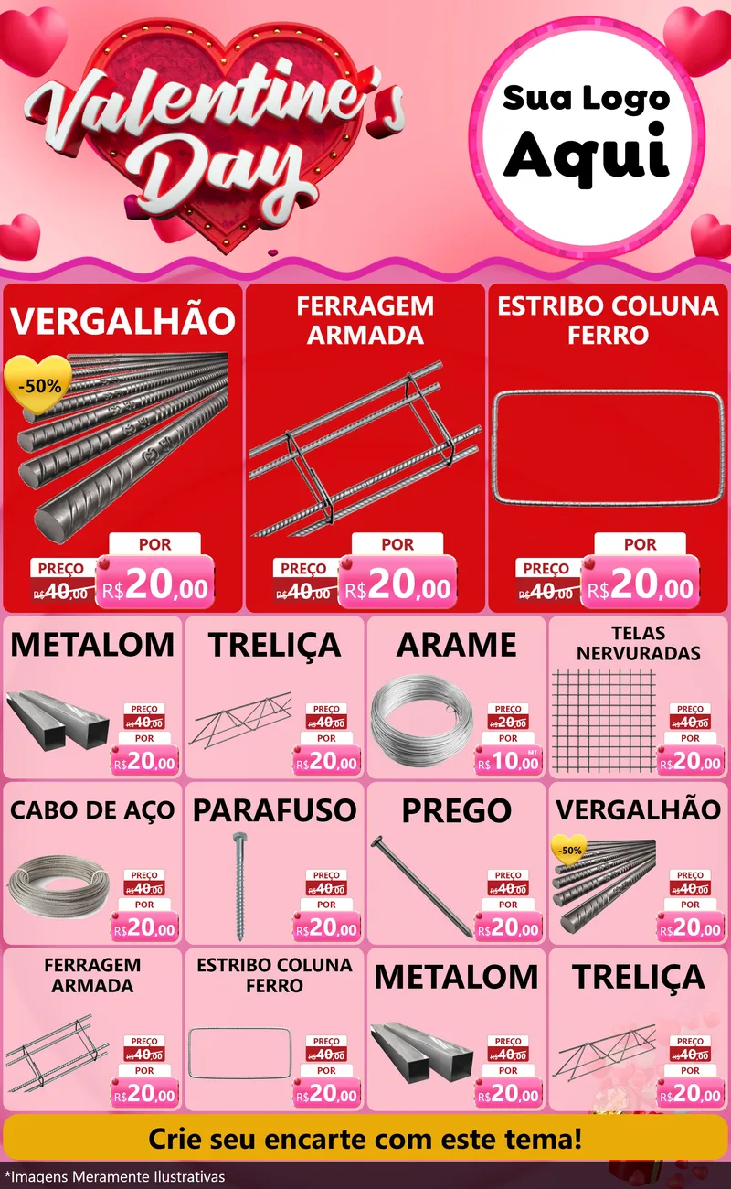 Modelo de Encarte para Encarte Grande com o tema Valentine's Day para Ferragens