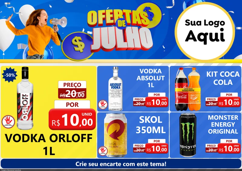 Modelo de Encarte para Encarte A4 Horizontal com o tema Ofertas de Julho para Distribuidora de bebidas