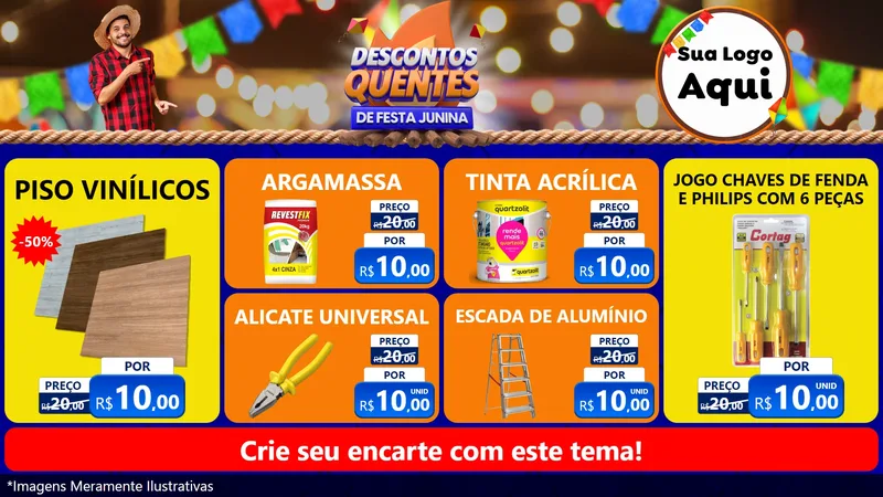 Modelo de TV para TV Horizontal com o tema Descontos Quentes de Festa Junina para Material para Construção