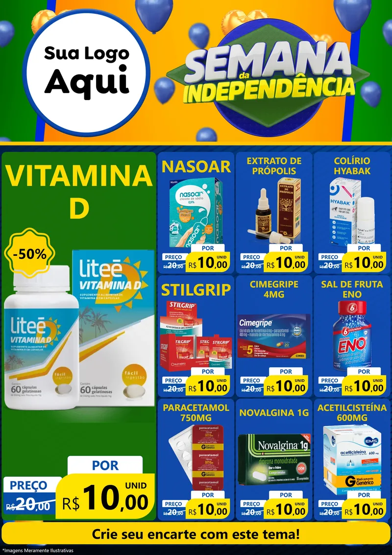 Modelo de Encarte para Encarte A4 Vertical com o tema Semana da Independência para Farmácia