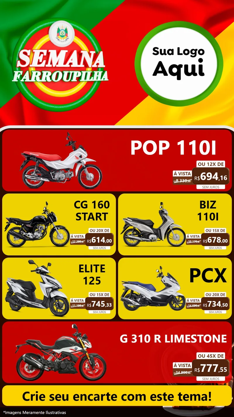 Modelo de TV para TV Vertical com o tema Semana Farroupilha para Concessionaria de Motos