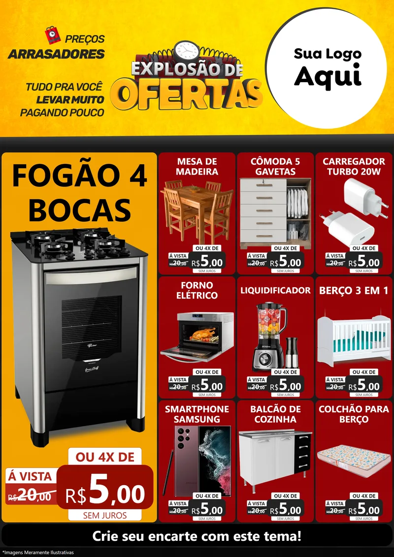 Modelo de Encarte para Encarte A4 Vertical com o tema Explosão de Ofertas para Móveis e Eletro