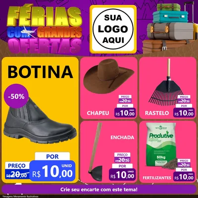 Modelo de Rede Social para Feed Facebook com o tema Férias com Grandes Ofertas para Agropecuária