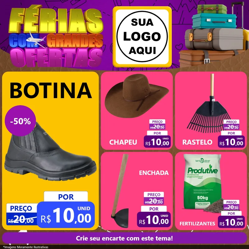 Modelo de Rede Social para Feed Facebook com o tema Férias com Grandes Ofertas para Agropecuária