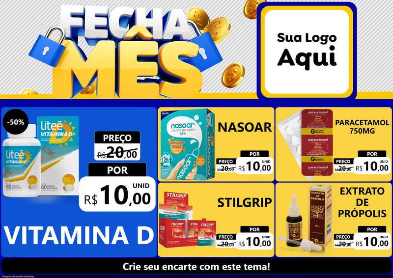 Modelo de Encarte para Encarte A4 Horizontal com o tema Fecha Mês para Farmácia