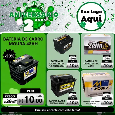 Modelo de Rede Social para Feed Facebook com o tema Promoção de Aniversário - 2 Anos para Baterias Elétricas