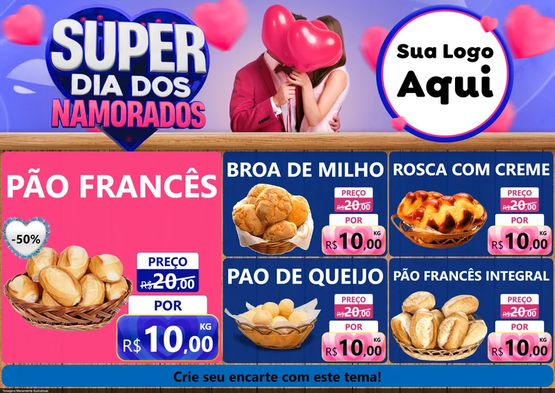 Modelo de Encarte para Encarte A4 Horizontal com o tema Super Dia dos Namorados para Padaria