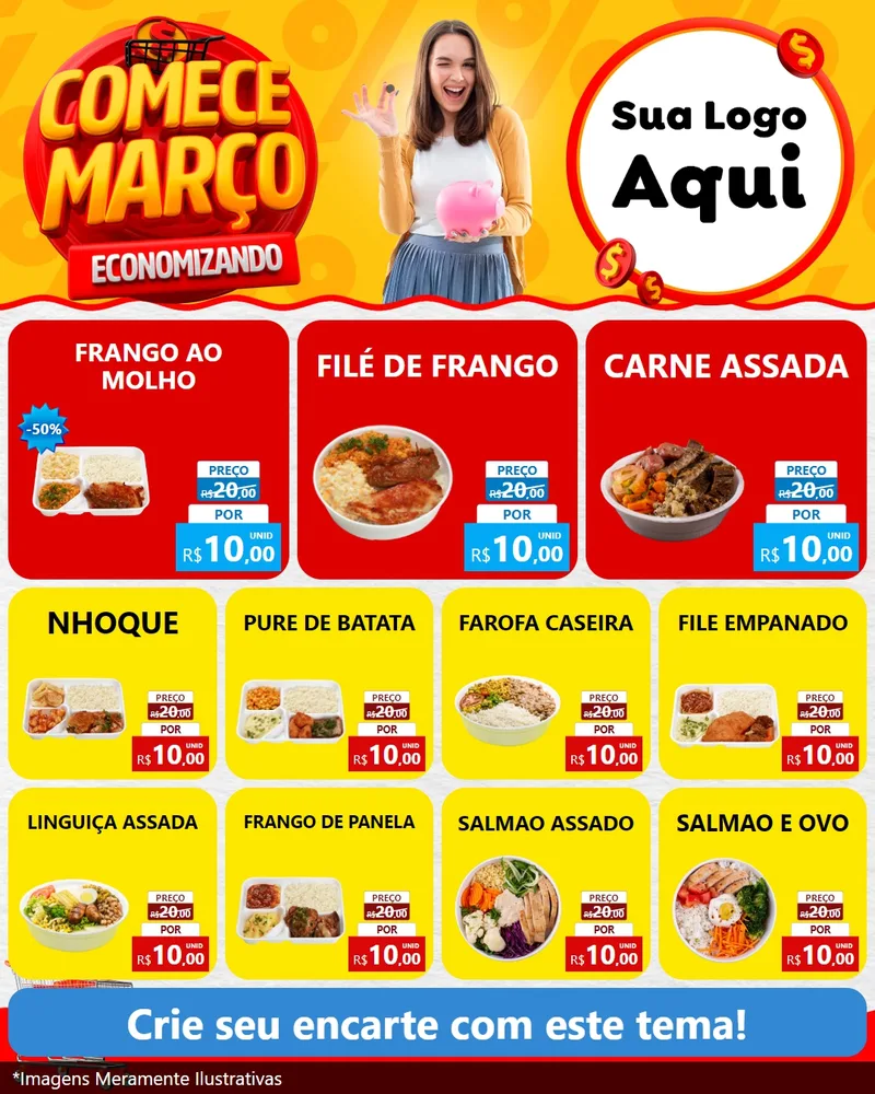 Modelo de Rede Social para Feed Instagram com o tema Comece Março Economizando para Restaurante