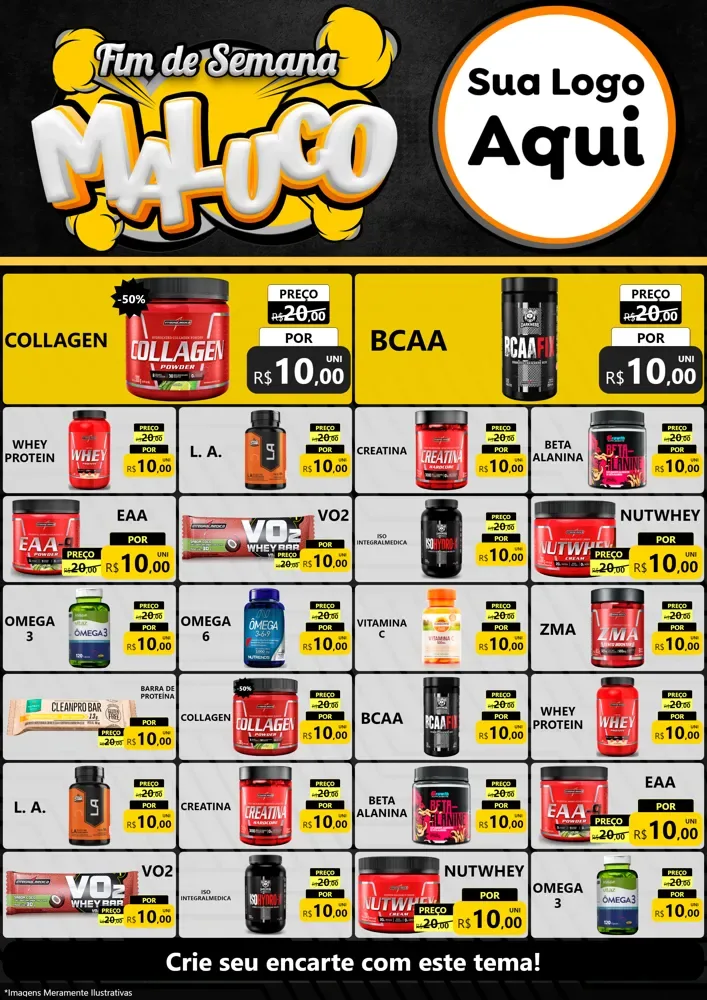 Modelo de Encarte para Encarte A4 Vertical com o tema Fim de Semana Maluco para Suplementos alimentares