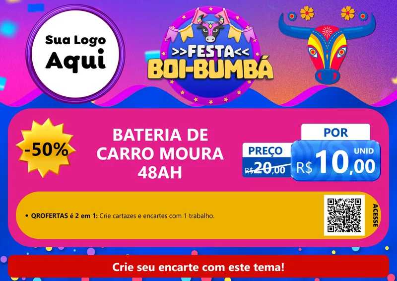 Modelo de Cartaz para Cartaz A4 Horizontal com o tema Festa Boi-Bumbá para Baterias Elétricas