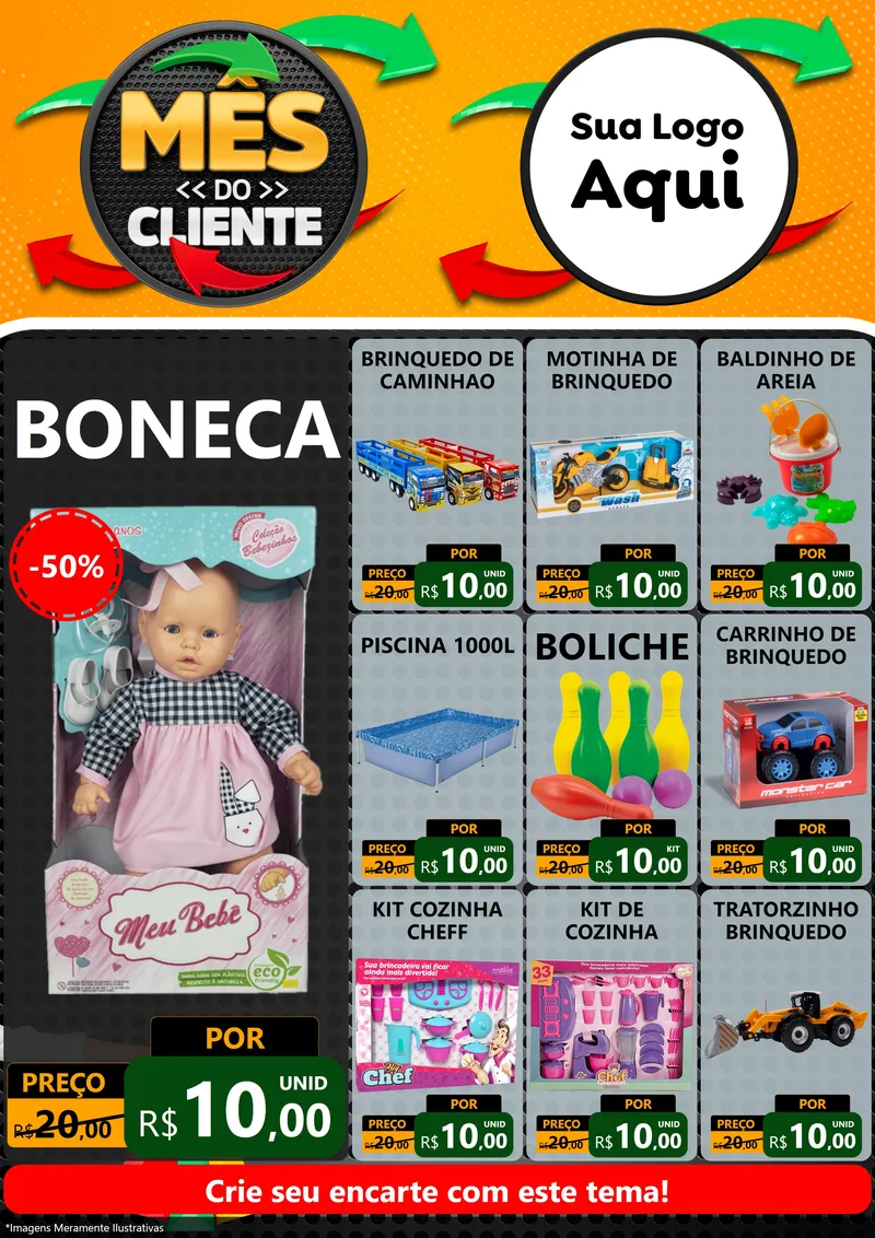Modelo de Encarte para Encarte A4 Vertical com o tema Mês do Cliente para Brinquedos