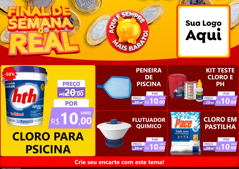 Modelo de Encarte para Encarte A4 Horizontal com o tema Final de Semana do Real para Produtos para Piscina